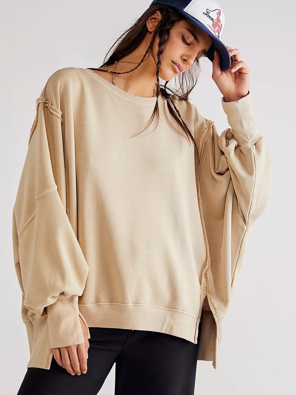 We The Free Neutral Beige Raw-Edge Oversized Sweatshirt